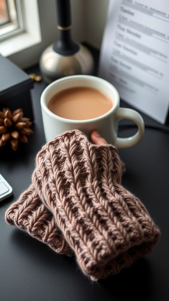 A pair of knitted wrist warmers beside a cup of tea on a table.