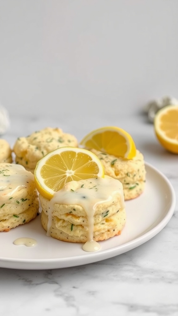 Lemon poppy seed keto biscuits with lemon slices and drizzled glaze