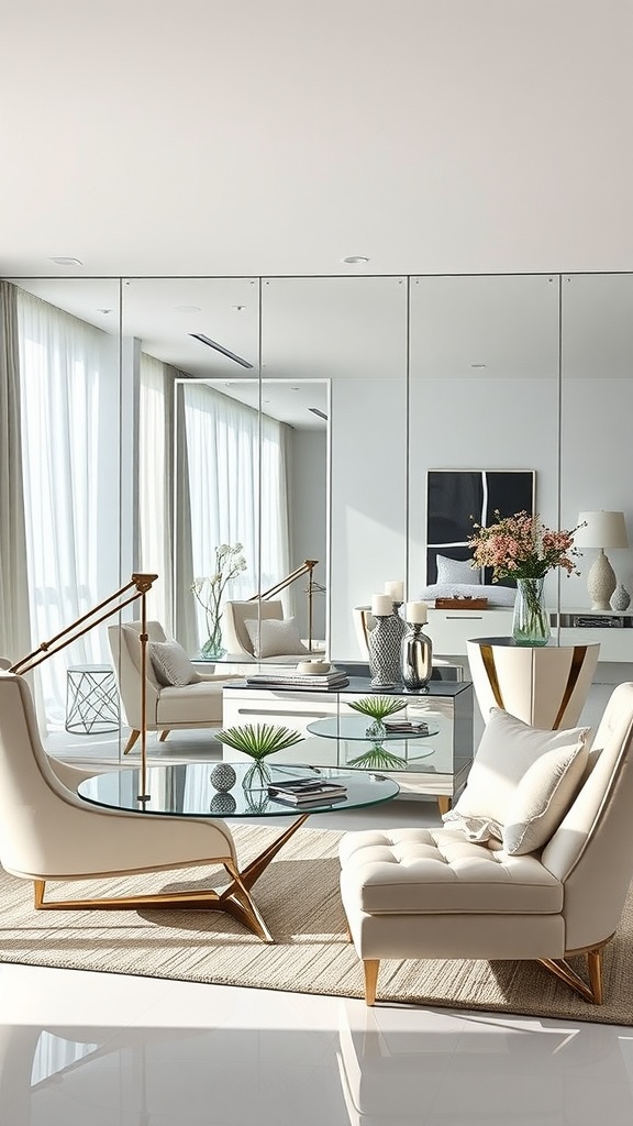 A modern living room with mirrored surfaces, featuring elegant furniture and bright natural light.