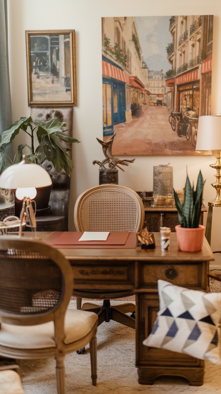 A stylish home office featuring a blend of modern and vintage decor, with a wooden desk, elegant chair, and artwork on the walls.