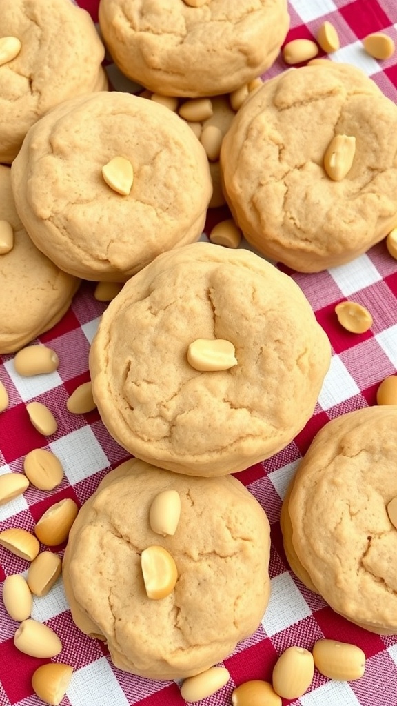 A pile of soft peanut butter keto biscuits with peanuts scattered around, set on a red and white checkered cloth.