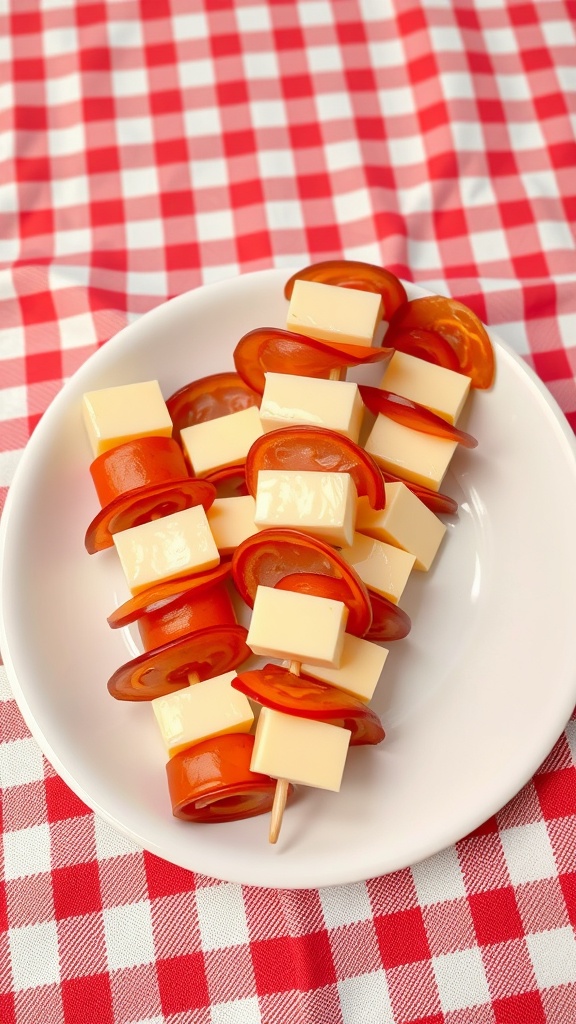 A plate of pepperoni and cheese skewers on a red and white checkered tablecloth.