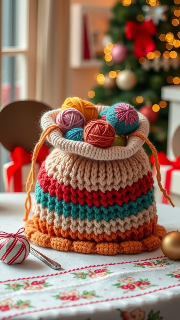 Colorful knitted gift bag with yarn balls and holiday decorations in the background