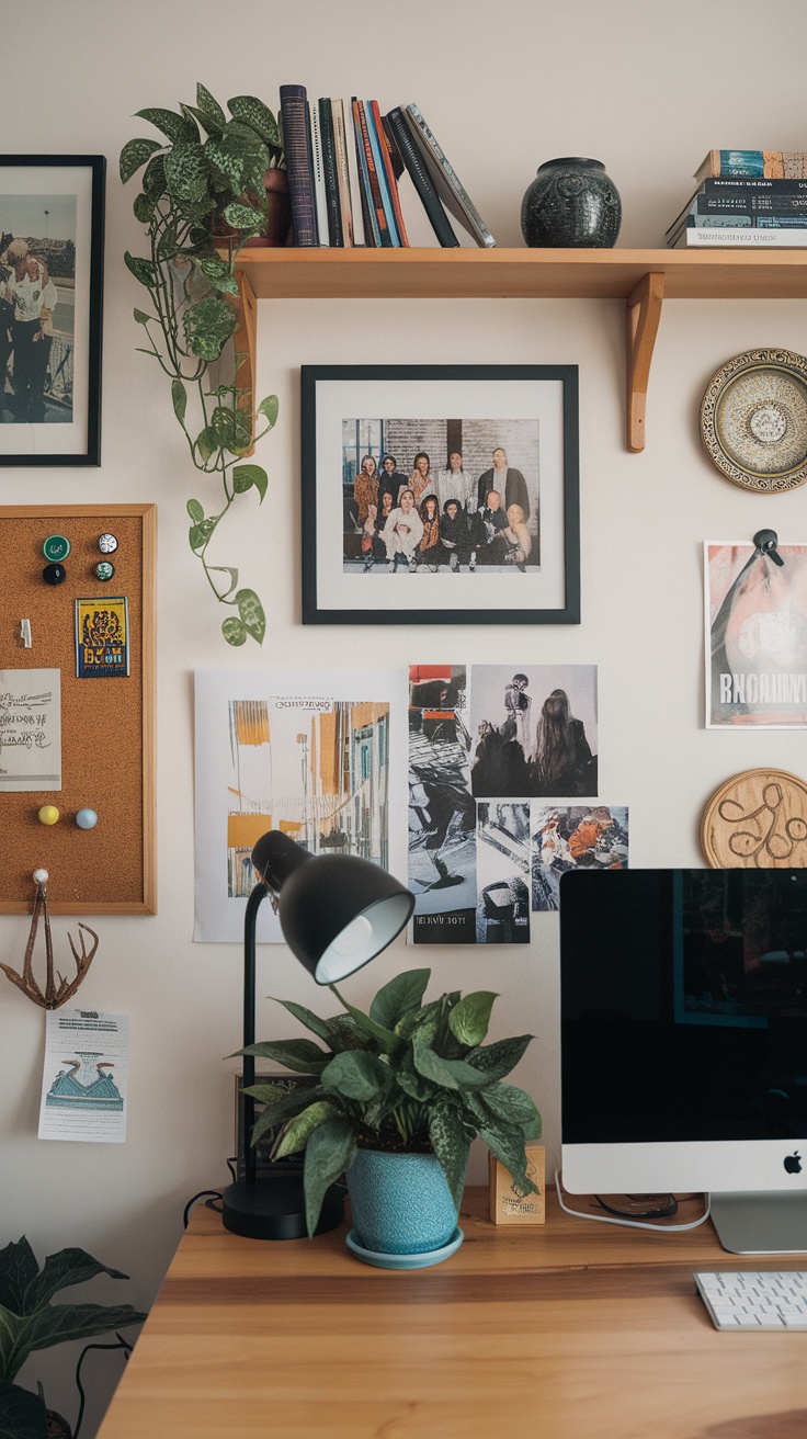 A cozy home office with personal touches like photos, plants, and artwork.