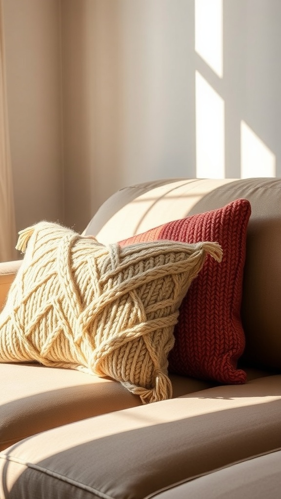 Two cozy knit pillows on a sofa, one in yellow with a textured pattern and the other in red with a ribbed design.