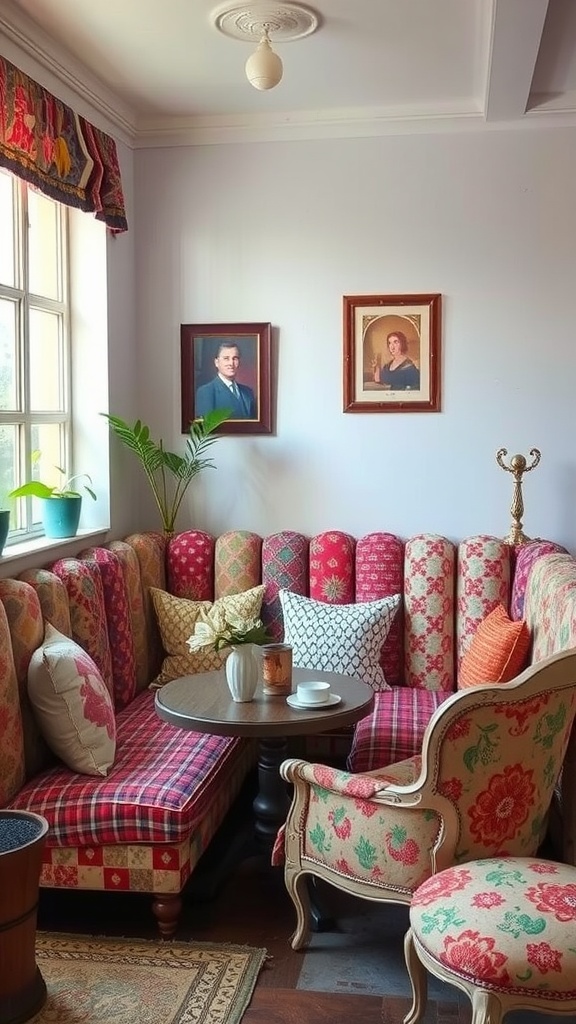 A cozy seating area with colorful patterned cushions and vintage decor.