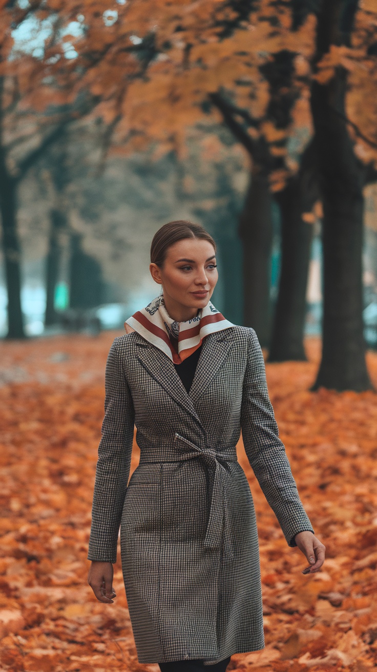 A woman wearing a tailored coat and scarf walking through a park with autumn leaves.