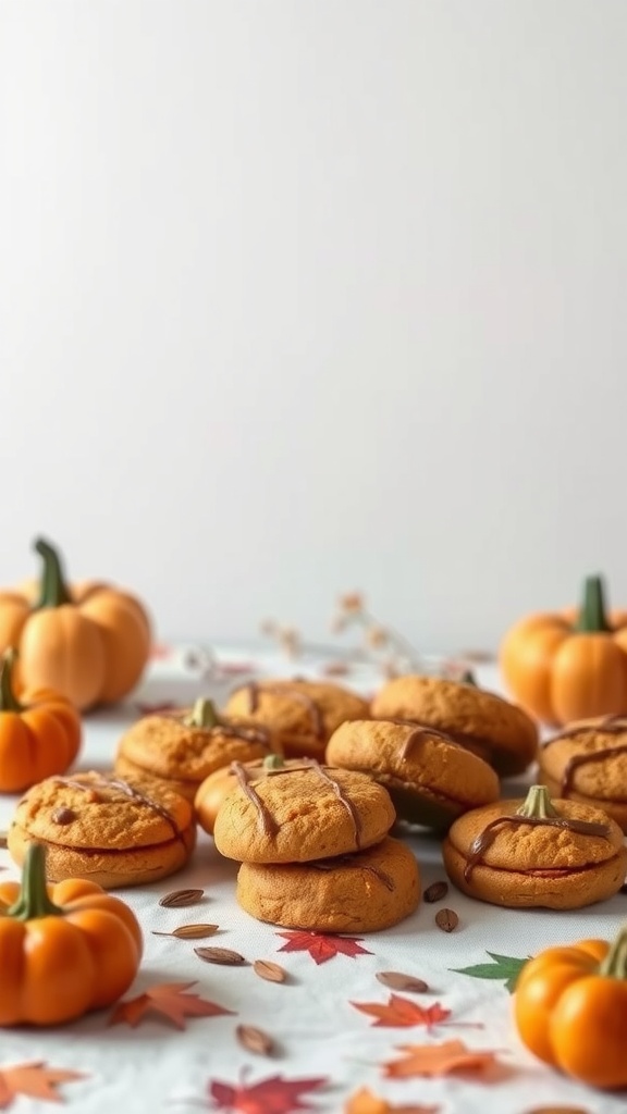 A plate of pumpkin spice keto biscuits surrounded by small pumpkins and autumn leaves.