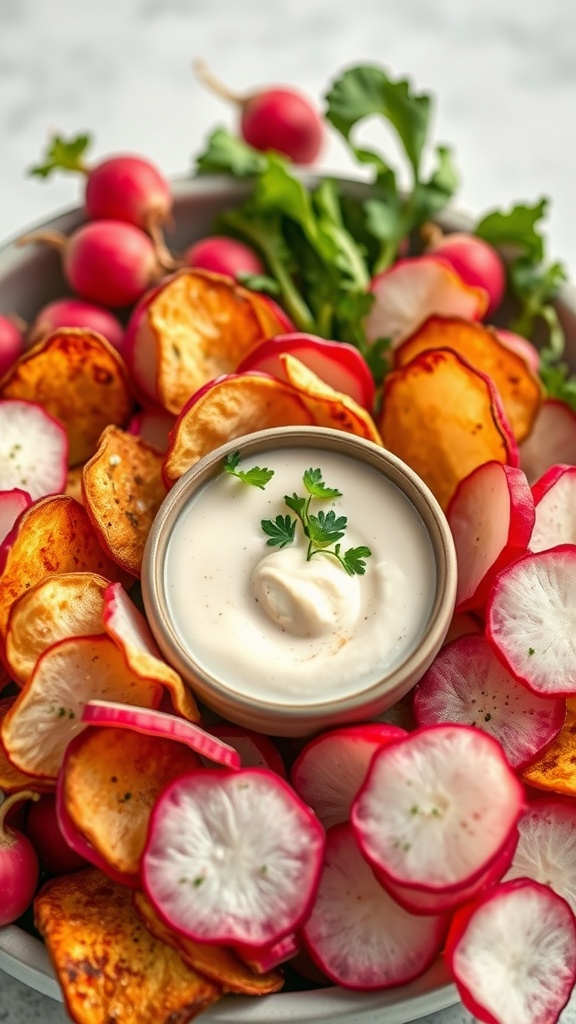 A bowl of colorful radish chips surrounding a small bowl of creamy dip, garnished with herbs.