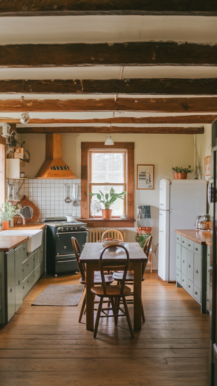 A cozy kitchen with rustic wooden beams and a warm wooden floor.