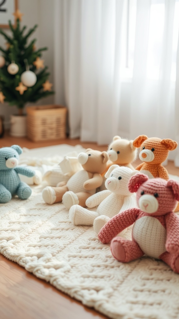 A collection of soft knit toys arranged in a cozy room setting.