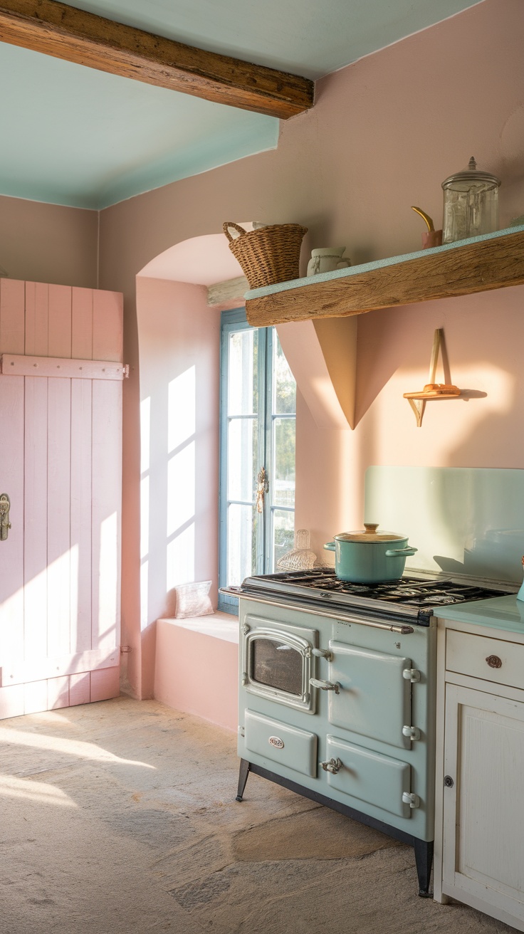 Soft pastel color palette in a French cottage kitchen with pink walls and blue accents.