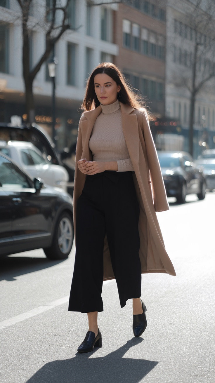 A woman wearing a turtleneck and culottes walking down a city street.