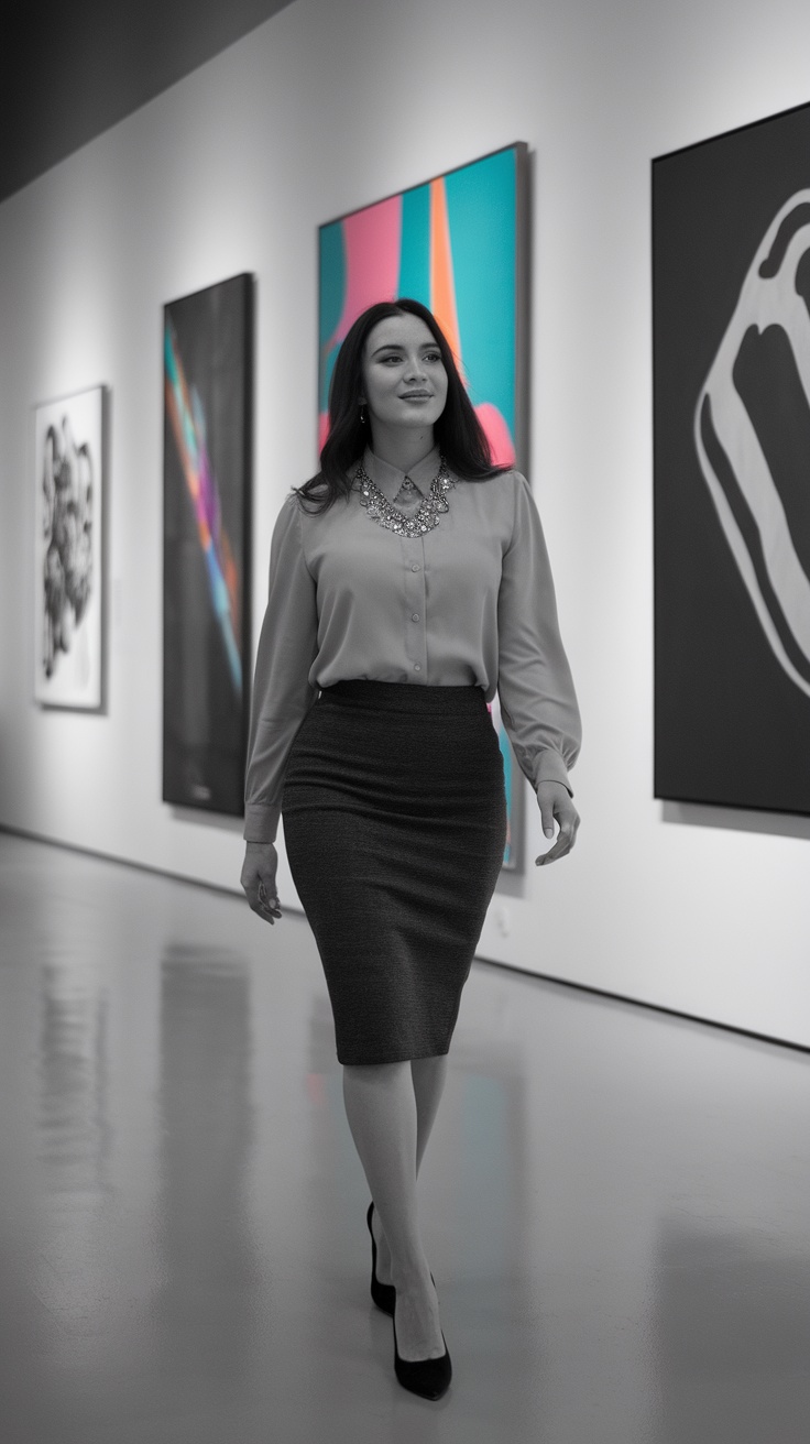 A woman confidently walking in a pencil skirt and blouse, showcasing a sophisticated look.