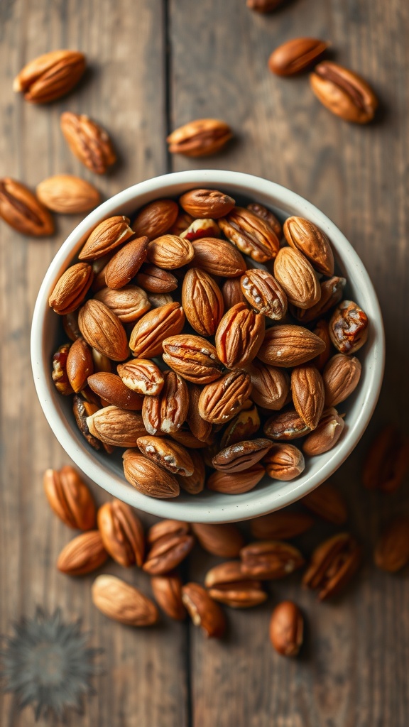 A bowl with spicy almonds and pecans on a wooden table.