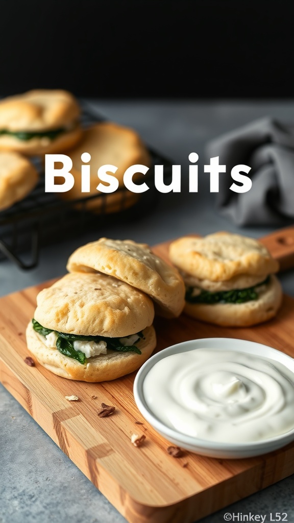 Spinach and feta biscuits on a wooden board with a side of yogurt.