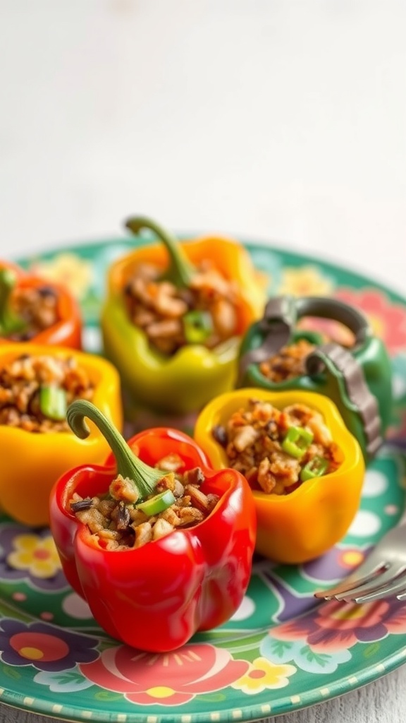 Colorful mini bell peppers stuffed with a savory filling on a decorative plate.