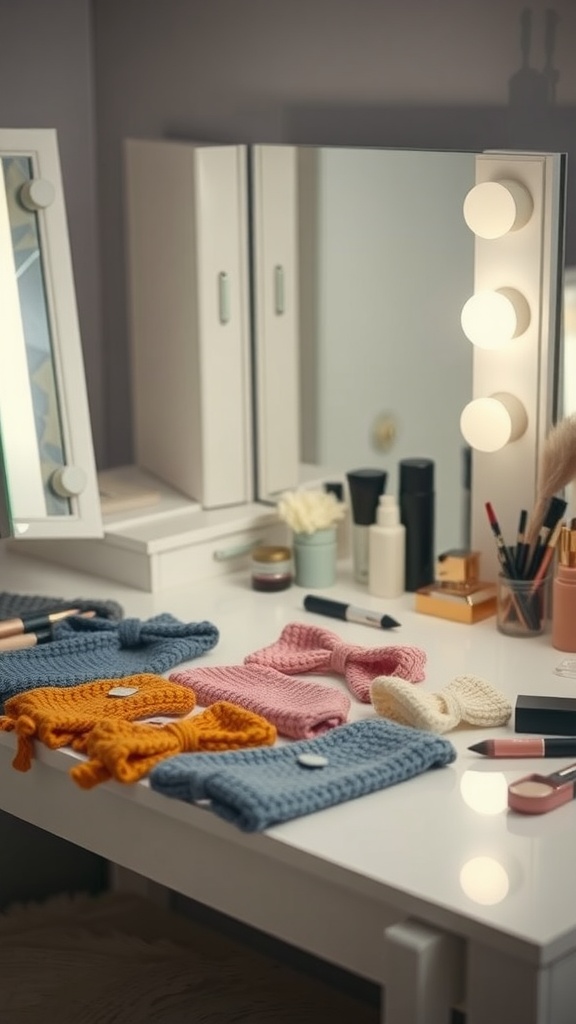 A collection of colorful knit headbands displayed on a vanity.