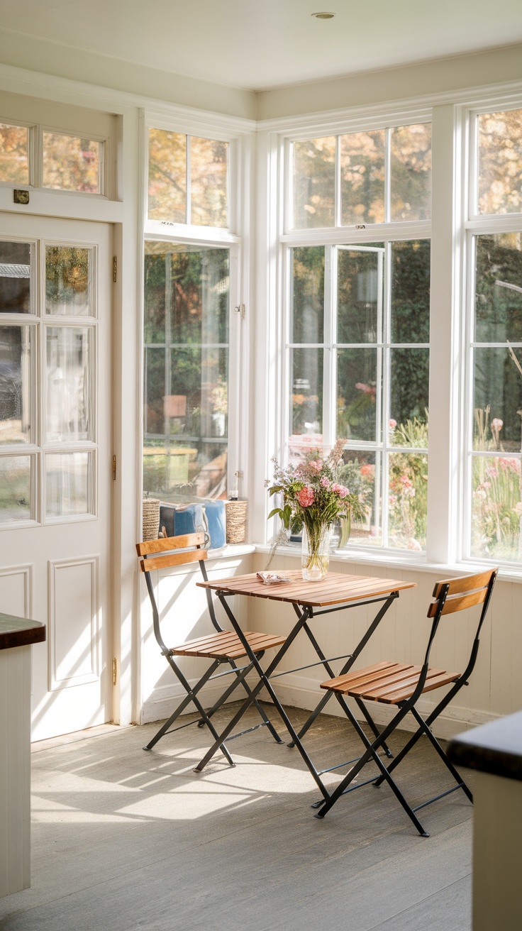 Bright breakfast nook with wooden table and chairs, adorned with flowers and natural light.