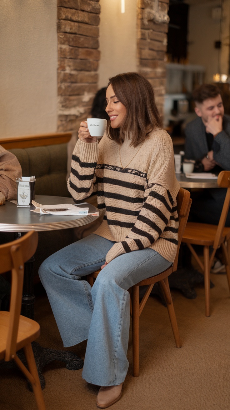 A woman sitting in a café wearing a striped sweater and wide-leg denim, holding a cup of coffee.