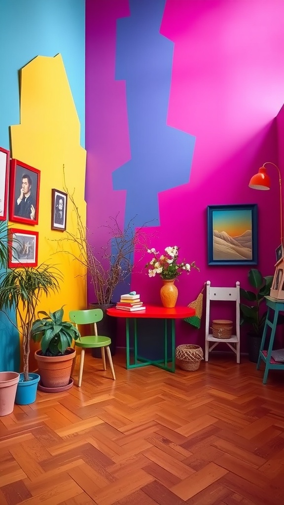 A colorful room with vibrant walls in pink, blue, and yellow, featuring eclectic furniture and plants.