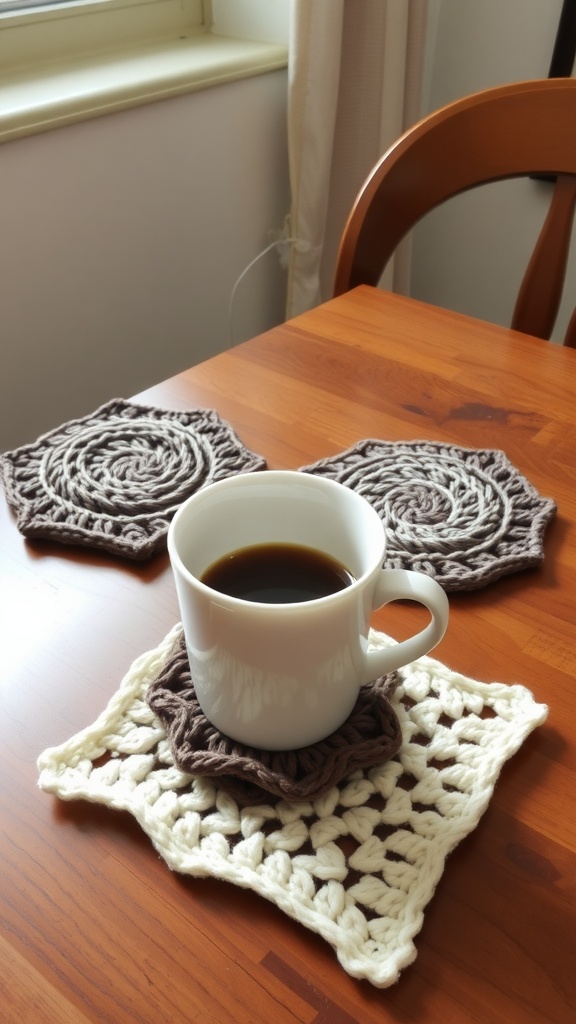 A cup of coffee on unique knit coasters on a wooden table