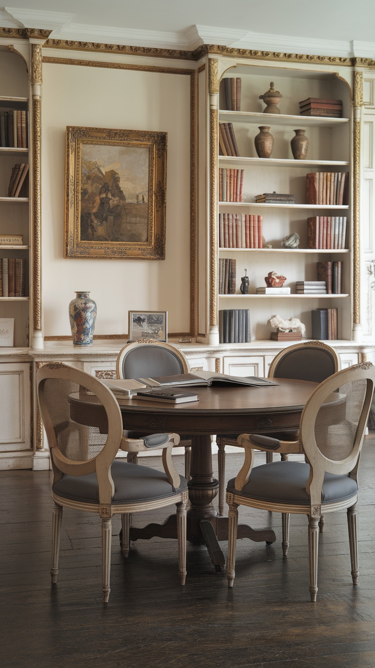 A vintage home office featuring a round wooden table with caned chairs, surrounded by ornate bookshelves filled with books and decorative items.