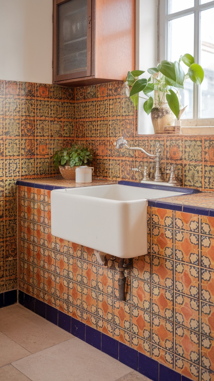 A cozy kitchen with vintage tile backsplash featuring colorful patterns and a farmhouse sink.