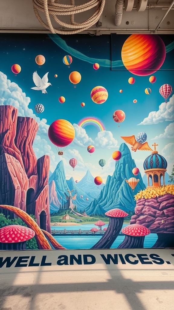 A colorful wall mural featuring hot air balloons, mountains, and whimsical landscapes.