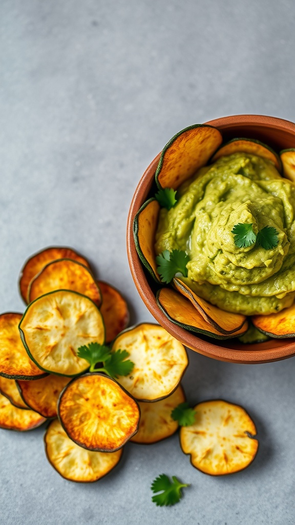 A bowl of guacamole surrounded by crispy zucchini chips.