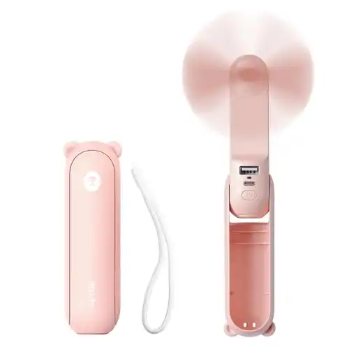 JISULIFE Handheld Mini Fan, 3 IN 1 USB Rechargeable Portable Fan [12-19 Working Hours] with Power Bank, Flashlight, Pocket Design for Travel/Summer/Concerts/Lash, Gifts for Women (Pink)