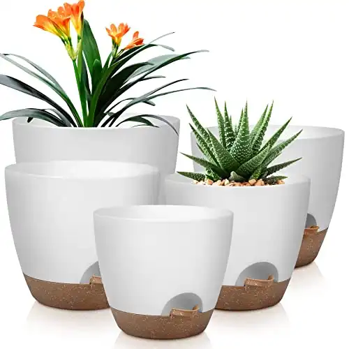 QRRICA Plant Pots 10/9/8/7.5/7 Inch Self Watering Pots, Set of 5 Plastic Planters with Drainage Holes and Saucers,Plastic Flower Pots,Nursery Planting Pot for Indoor Out Door Plants White