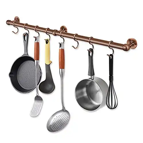 ROTHLEY Hanging Pot Rack Hanger: 23.7 Inch Stainless Steel Pot and Pan Hanger Wall Mounted Hanging Pots and Pans Rack Heavy Duty Pot Hangers Kitchen Rail with Hooks (Antique Copper)