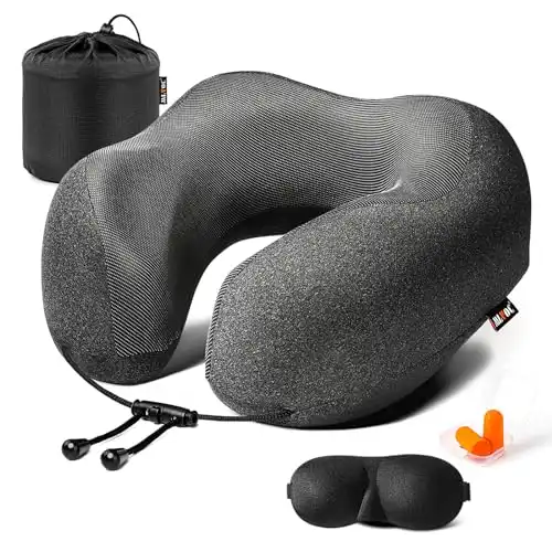 MLVOC Travel Pillow 100% Pure Memory Foam Neck Pillow, Comfortable & Breathable Cover, Machine Washable, Airplane Travel Kit with 3D Contoured Eye Masks, Earplugs, and Luxury Bag, Standard (Black....