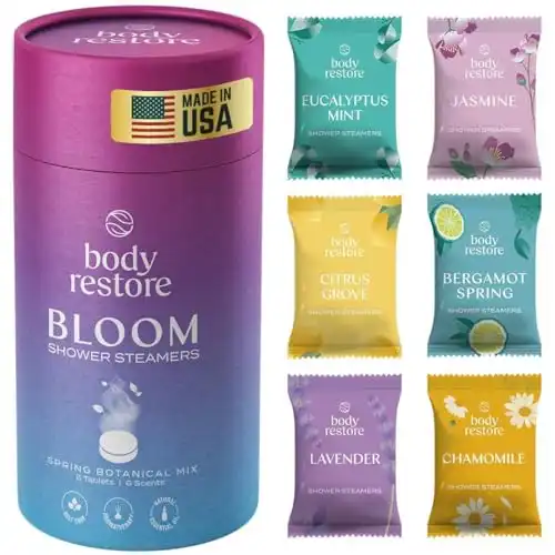 Body Restore Shower Steamers Aromatherapy 6 Pack - Galentines, Valentines Day Gifts for Her and Him, Birthday Gifts for Mom, Best Friend, Travel Essentials, Stress Relief, Bath Bombs - Bloom