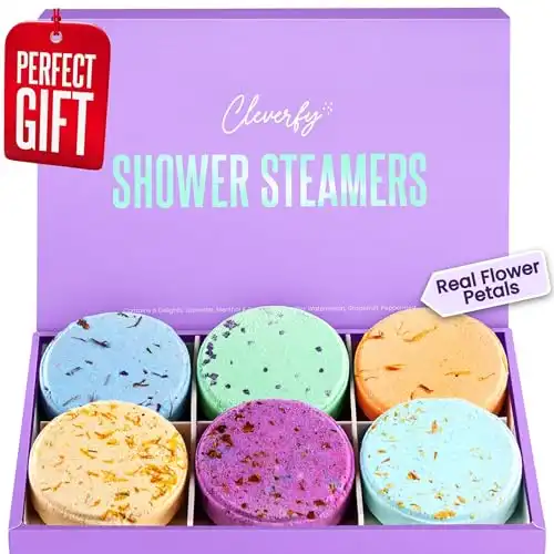 Cleverfy Shower Steamers Aromatherapy Variety Pack of 6 Shower Bombs with Essential Oils. Self Care Birthday Gifts for Women and Valentines Day Gifts for Her and Him. Purple Set