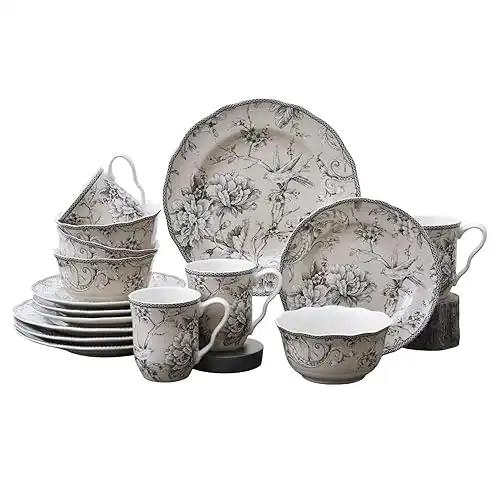 222 Fifth Adelaide 16-Piece Traditional Antique White Porcelain Dinnerware Set Service for 4, Romantic Bird & Floral Design, for Everyday Dining & Entertainment, Microwave & Dishwasher Saf...