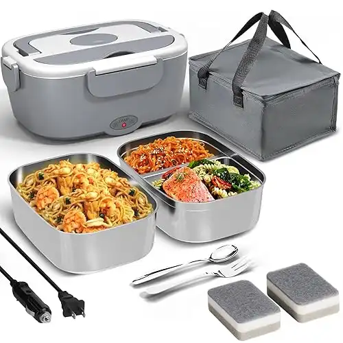 Electric Lunch Box Food Heater for Work, 80 W Food Warmer for Car Truck Travel with 2 Stainless Steel Containers 1.5 Liters Potable Self Heating lunch Box for Adults lonchera eléctrica portátil