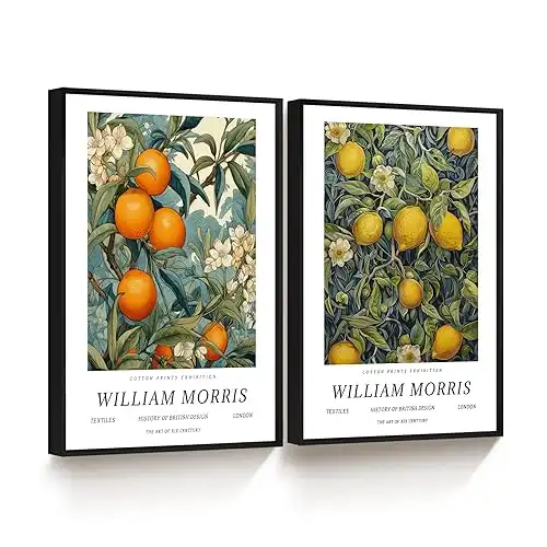 Framed William Morris Wall Art Decor, Vintage Lemon Large Botanical Poster William Morris Fruit Market Canvas Art Prints for Home Kitchen 12x16x2 in