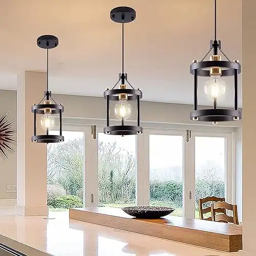 MO&OK Chandelier Set of 3 Vintage Pendant Light Fixture, Black Farmhouse Wooden Metal Chandeliers, Open Frame Hanging Lighting for Diningroom,Bar,Entrance Hall,Kitchen Island Living Room