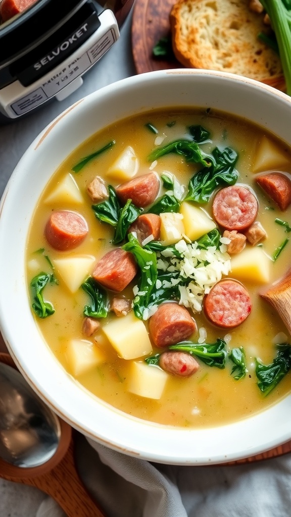 A bowl of creamy Zuppa Toscana with sausage, potatoes, and kale, garnished with Parmesan cheese.