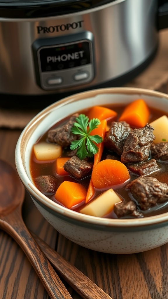 A bowl of beef stew with carrots and potatoes, garnished with parsley, beside a simmering crockpot.