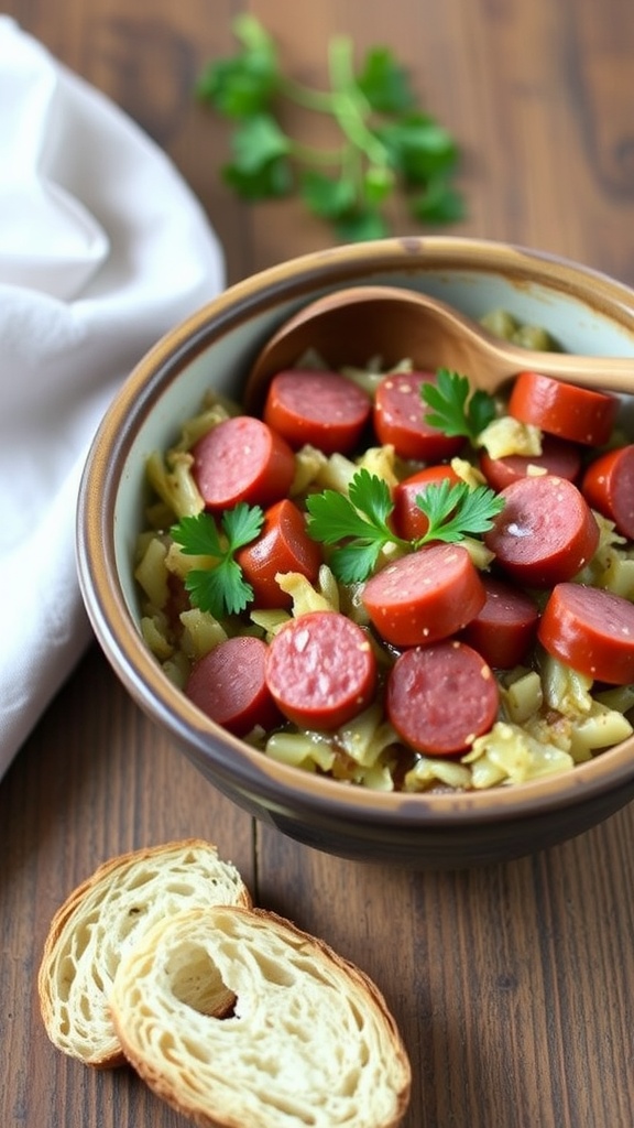 A bowl of slow cooker kielbasa and sauerkraut with sausages, sauerkraut, and parsley, with bread on a wooden table.