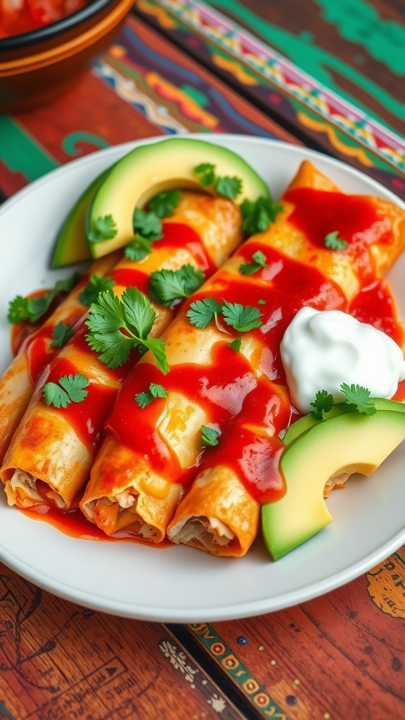 Delicious chicken enchiladas topped with cheese and cilantro, served with sour cream and avocado.