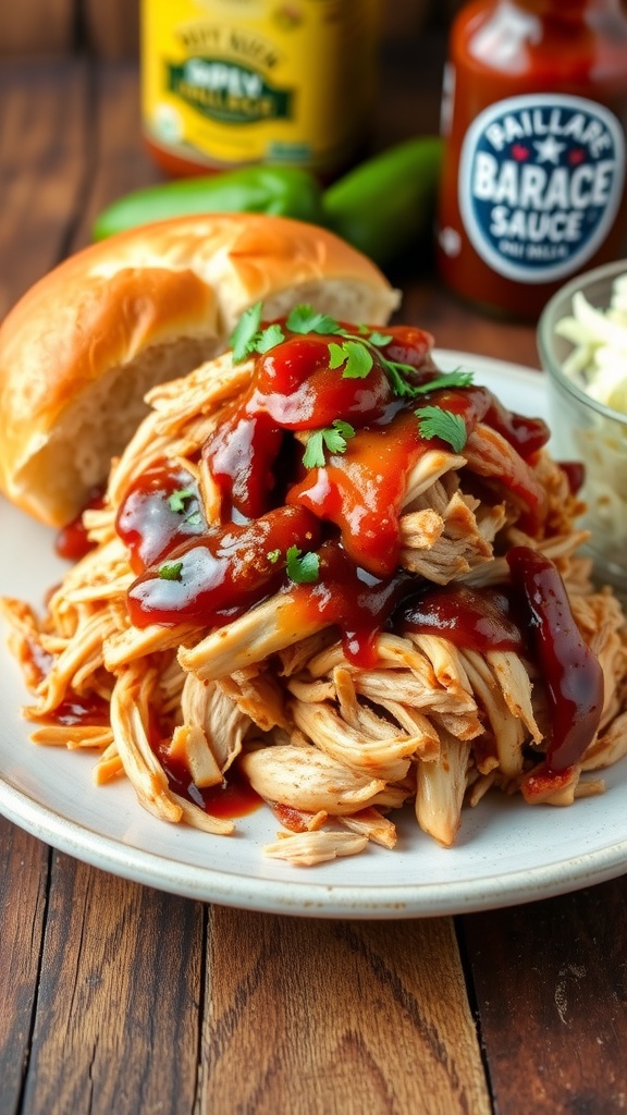 Shredded BBQ chicken on a bun with coleslaw on a rustic table.