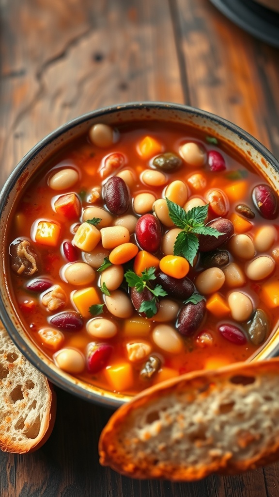 A bowl of 15 bean soup with vegetables, garnished with herbs, next to crusty bread on a wooden table.