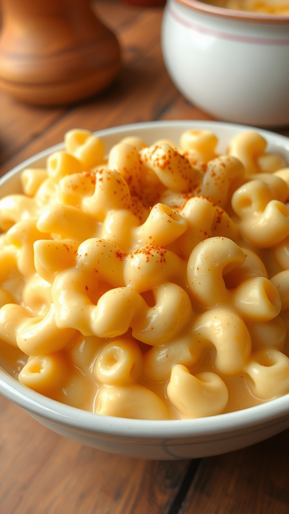 A comforting bowl of creamy mac and cheese topped with paprika, served in a cozy kitchen.