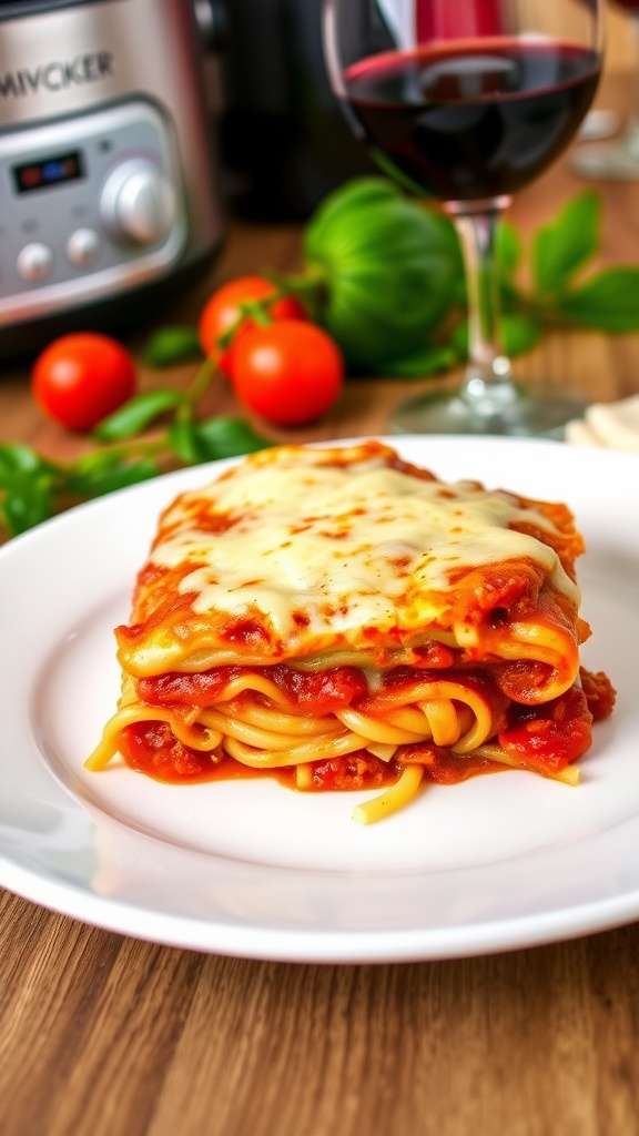 A slice of cheesy lasagna on a plate, revealing layers of pasta, meat, and sauce, surrounded by a warm kitchen atmosphere.