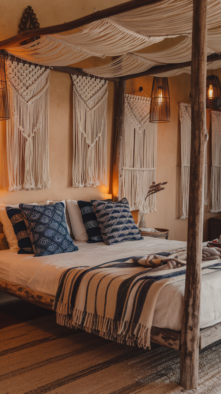 Indigo Textiles – A bohemian-style bedroom with indigo-dyed throw blankets, patterned cushions, and macramé wall hangings.