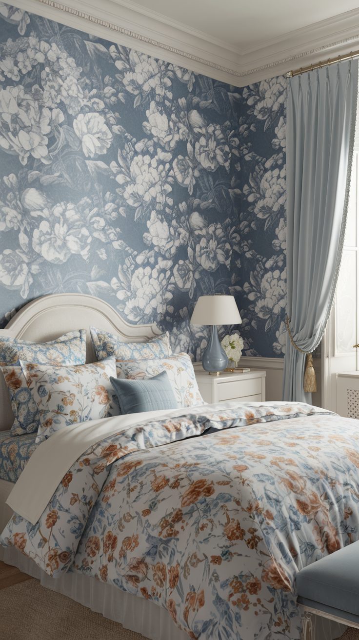 Blue Floral Patterns – A charming bedroom with elegant blue floral wallpaper, a matching bedspread, and soft blue curtains.